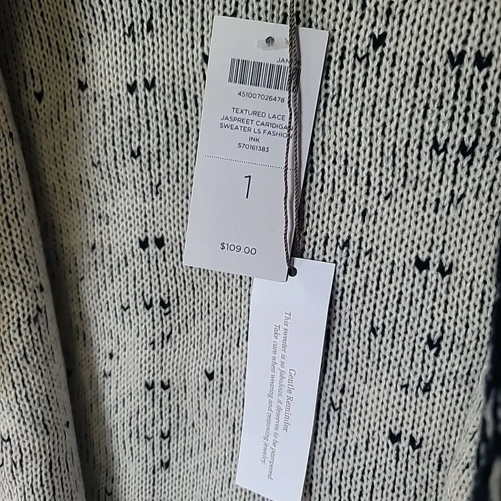 NWT Chico’s Cardigan Sweater Blue Textured Lace Jaspreet Womens Size 1 (wmns 8)